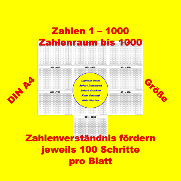 1000er Tafel auf 10 DIN A4 Seiten in 100er Schritten - schwarz weiss - weiße Zahlen