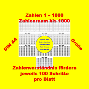 1000er Tafel auf 10 DIN A4 Seiten in 100er Schritten - schwarz weiss - ausgefüllte Zahlen - DOWNLOAD