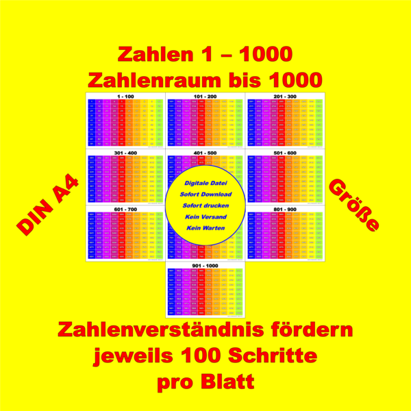1000er Tafel auf 10 DIN A4 Seiten in 100er Schritten - Regenbogenbogen senkrecht - DOWNLOAD