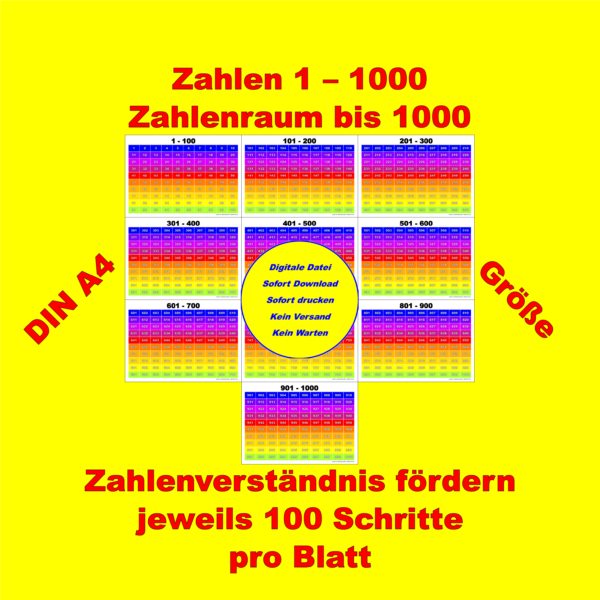 1000er Tafel auf 10 DIN A4 Seiten in 100er Schritten - Regenbogenbogen waagerecht- DOWNLOAD