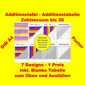Additionstafel DIN A4 im Download – 7 Designs, Zahlenraum bis 20, Regenbogenfarben, inkl. Blankotafel zum Üben und Selbstausfüllen
