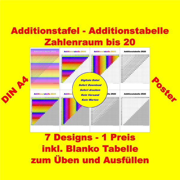 Additionstafel DIN A4 im Download – 7 Designs, Zahlenraum bis 20, Regenbogenfarben, inkl. Blankotafel zum Üben und Selbstausfüllen