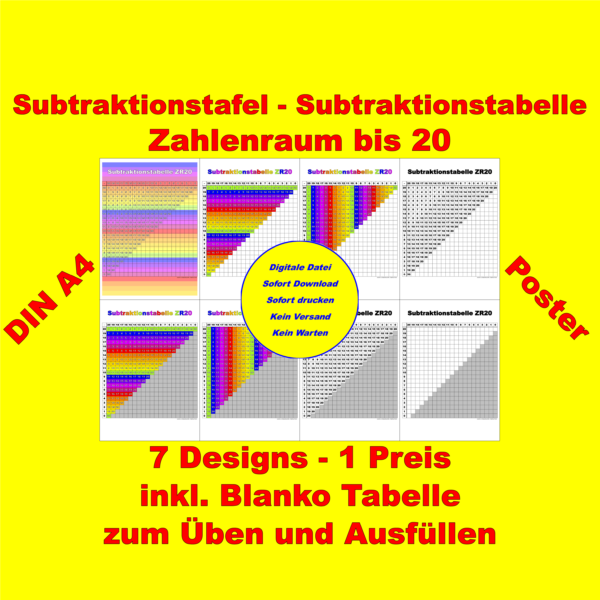 Subtraktionstabelle DIN A4 im Download – 7 Designs, Zahlenraum bis 20, Regenbogenfarben, inkl. Blankotafel zum Üben und Selbstausfüllen