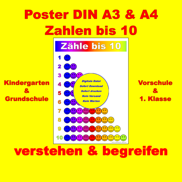 Lernposter „Zähle bis 10“ – Buntes Zahlen-Poster mit Smileys für Kinder (Download DIN A4 & DIN A3)